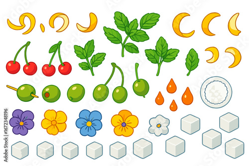 Colorful Cocktail Garnish and Ingredient Icon Set – Citrus Slices, Cherries, Olives, Mint Leaves, Syrup Drops, Edible Flowers, and Sugar Cubes on Gradient Background