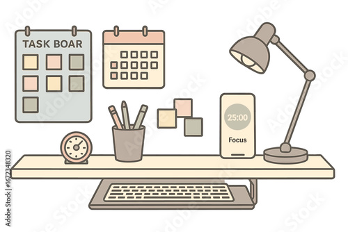 Workspace with task board, calendar, clock, and smartphone showcasing focus timer in a minimalistic design