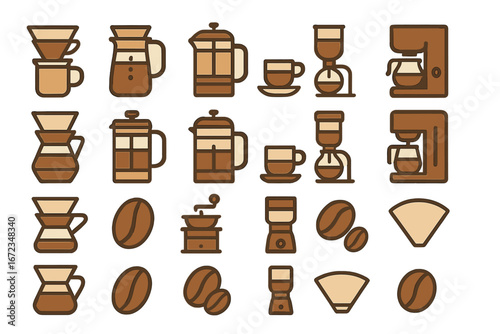 Coffee brewing and café equipment icon set with warm brown gradient background, featuring pour-over coffee makers, French presses, espresso machines, coffee grinders