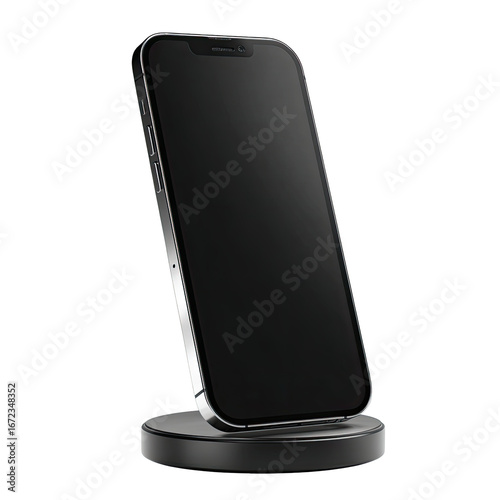 Smartphone on a wireless charging dock.  Dark gray/silver