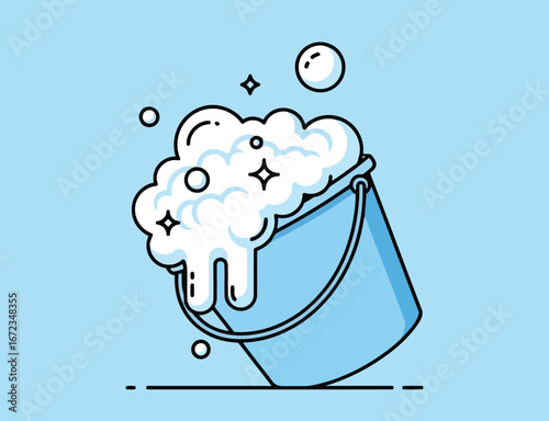 Blue bucket filled with soapy water and bubbles on light blue background