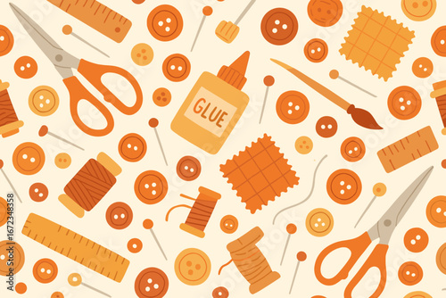 Crafting supplies for creative projects featuring scissors, buttons, fabric, and glue on a light background