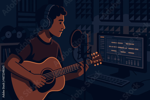 Moody digital illustration of a musician recording acoustic guitar in a home studio with headphones, microphone, and audio software on a computer screen
