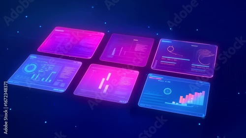 Immersive digital workspace with translucent holographic screens displaying complex data visualizations against a luminous cosmic backdrop, featuring dynamic graphs elements.