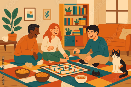 Friends enjoying a game night at home with a cozy atmosphere and a playful cat nearby