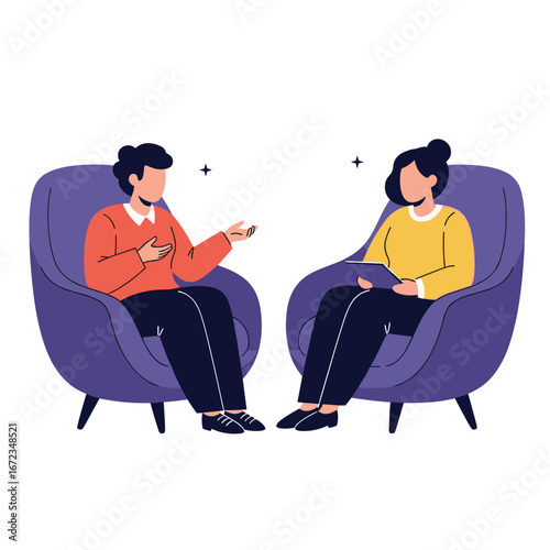 Two people sitting in chairs talking about mental health and emotional well being