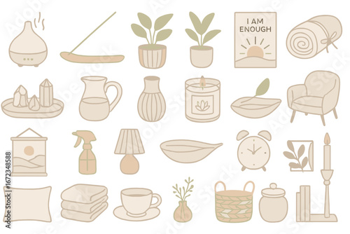 Collection of minimalist home decor items for a calming interior atmosphere featuring plants, candles, and textiles