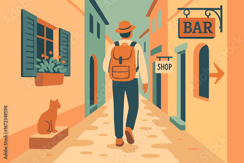 Traveler Walking Through Narrow European Alley with Backpack, Cat, and Colorful Buildings