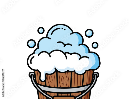 Wooden bucket filled with soapy water and foam