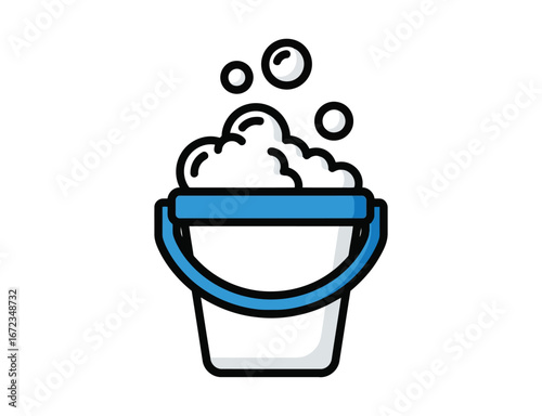 Blue bucket with soapy foam and bubbles