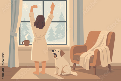 Peaceful winter morning illustration of a woman stretching by the window with a yawning dog, cozy chair, and hot coffee on a snowy day