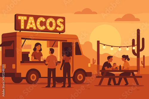 Warm sunset illustration of a taco food truck with a glowing sign, a couple ordering from the vendor, and another couple sitting at a picnic table under string lights in a desert setting with cacti.