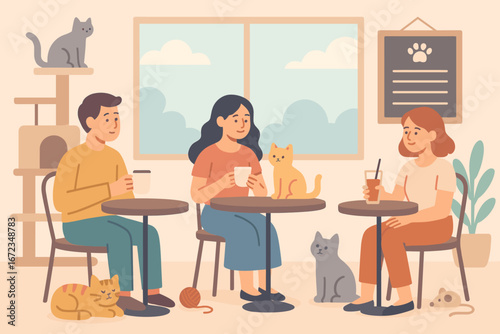 Friends enjoying drinks while surrounded by cats in a cozy cafe setting during the afternoon