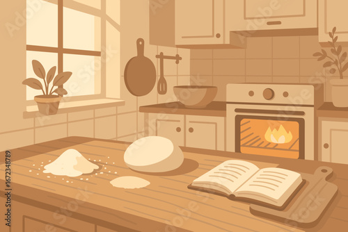 Illustration of a warm, sunlit kitchen with a wooden counter holding a mound of dough, flour, an open recipe book, and a cutting board, with a lit oven in the background and plants on the windowsill.