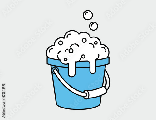 Blue bucket filled with soapy foam and bubbles