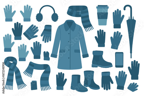Warm winter clothing and accessories displayed together for the cold season