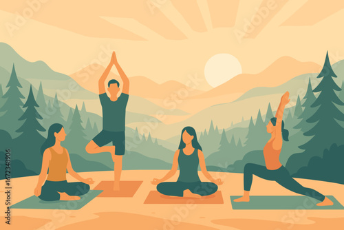 Yoga practice at sunrise in a serene mountain setting with diverse participants