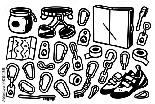 Hand-Drawn Rock Climbing Gear Icons Set with Crash Pad, Chalk Bag, Carabiners, Quickdraws, Rope, Tape, and Climbing Shoes