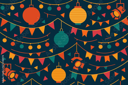 Colorful decoration design featuring lanterns, flags, and lights for a festive celebration atmosphere