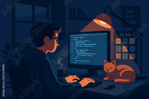 Nighttime Coding Illustration – Programmer Working at Computer with Cat, Coffee, and To-Do List in Cozy Home Office Environment