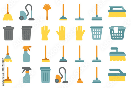 Cleaning tools and supplies arranged in a neat grid layout for home maintenance and organization