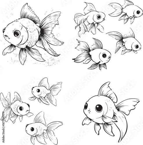 Goldfish line art coloring page, simple clean lines, white background, vector illustration, cute cartoon style, cute gold fish with big eyes and small fins swimming in the water, simple doodle.eps