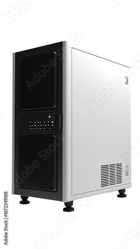 A white and black computer case, angled view.  Features a dark panel, light panel, and ventilation