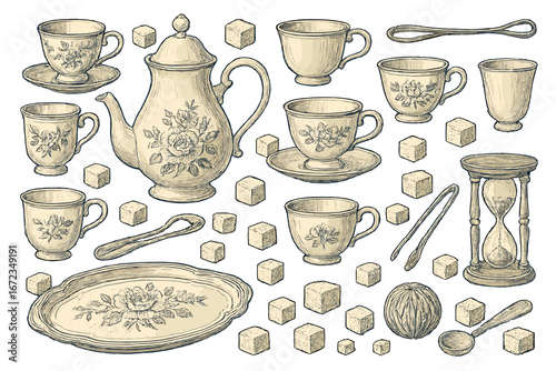 Vintage tea set illustration with floral teapot, assorted teacups, sugar cubes, serving tray, tea ball, tongs, spoons, and hourglass timer on warm beige background
