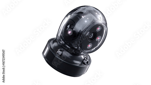 Transparent dome security camera, dark grey base, multiple lenses