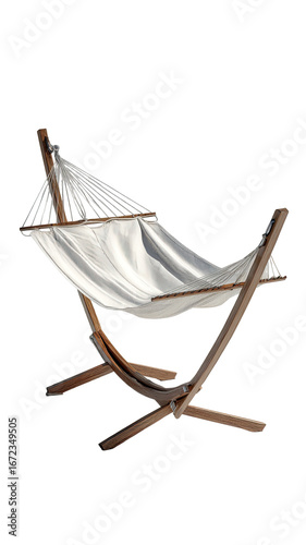 Wooden hammock, white fabric, relaxed