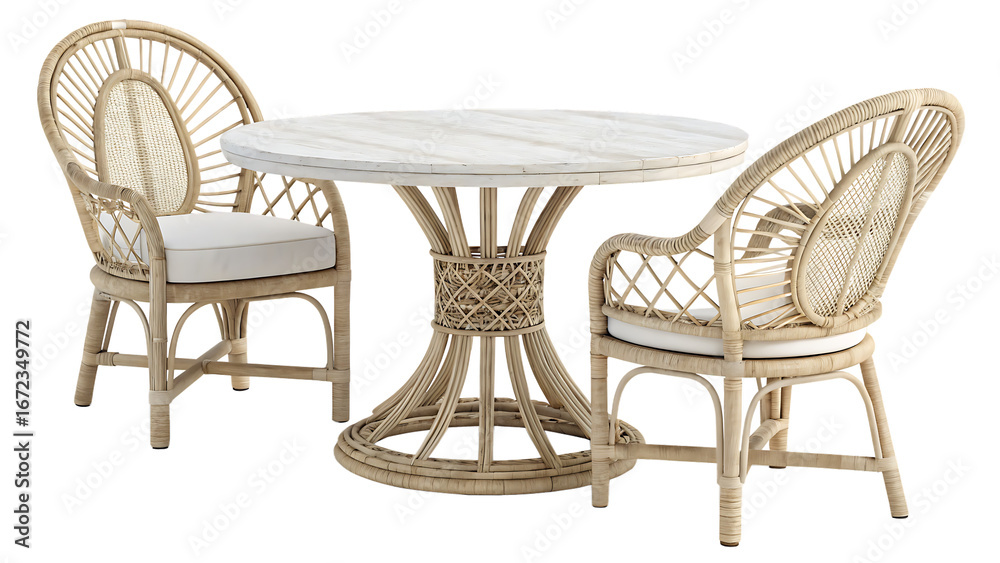 Fototapeta premium Wicker bistro set with two chairs isolated on transparent background