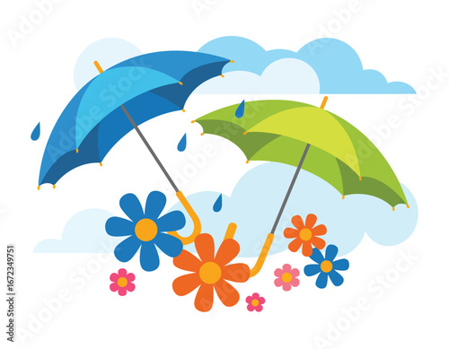 Two colorful umbrellas protecting bright flowers from falling raindrops under a cloudy sky