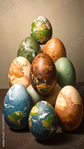 Earth-shaped eggs stacked pyramid