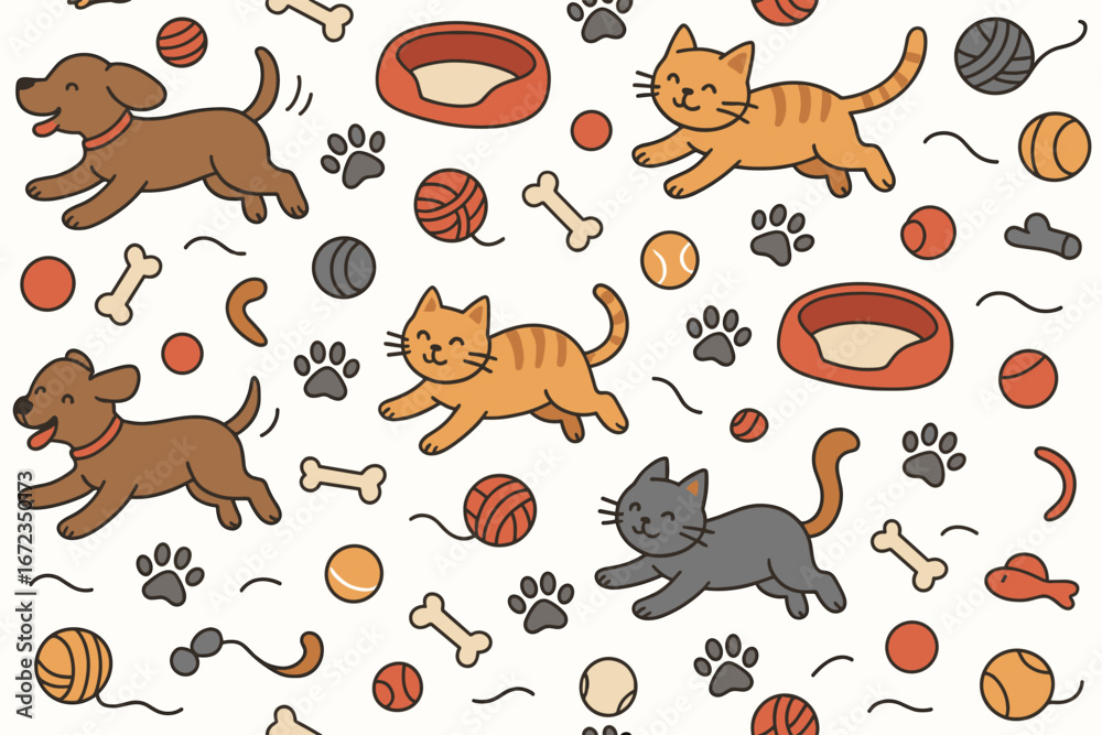 Obraz premium Cute dogs and cats playing with toys in a fun, colorful pattern for pet lovers