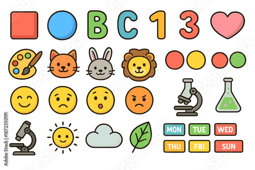 Colorful educational graphics featuring shapes, animals, and emotions suitable for early childhood learning activities