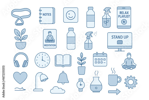 Blue wellness and productivity icon set featuring meditation, hydration, aromatherapy, daily planning, self-care, and mindful habits