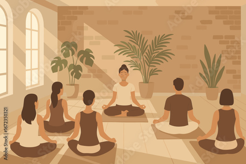 Peaceful yoga studio illustration with an instructor and five students meditating in lotus pose on mats, surrounded by large potted plants and warm sunlight streaming through tall windows.