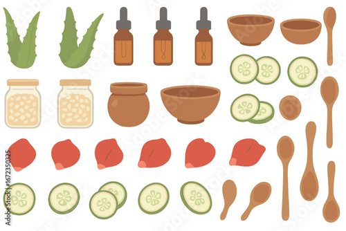 Collection of natural ingredients and tools for herbal remedies and skincare preparations