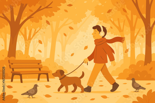 Walking in a vibrant autumn park with a dog and enjoying nature's beauty