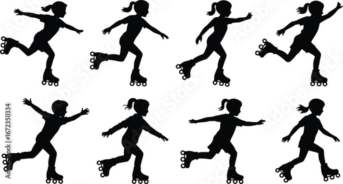Silhouettes of a young girl in various dynamic poses roller skating in a sequence of motion
