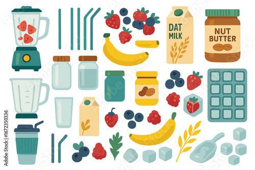 Colorful collection of ingredients for smoothies and healthy snacks displayed on a white background