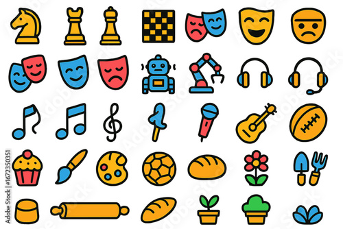Colorful collection of playful icons depicting various activities and hobbies suitable for creative projects