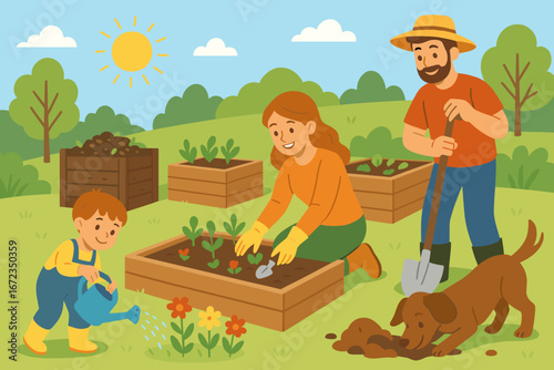 Happy Family Gardening on a Sunny Day with Raised Beds, Watering Can, Compost Bin, and Playful Dog Digging in the Dirt