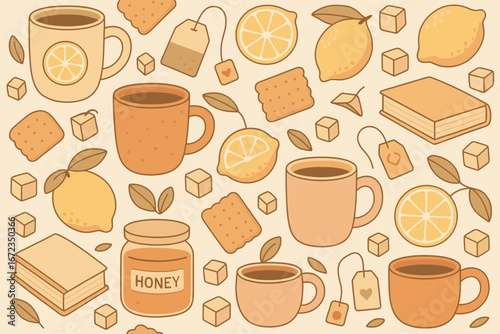 Warm beverages and sweet treats create a cozy atmosphere in a comforting arrangement with honey, lemons, and biscuits