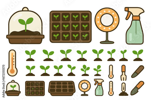 Colorful gardening tools and seedlings arranged in a playful layout for plant enthusiasts and home gardeners