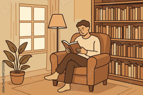 Person reads a book comfortably in a cozy living room with bookshelves and a potted plant