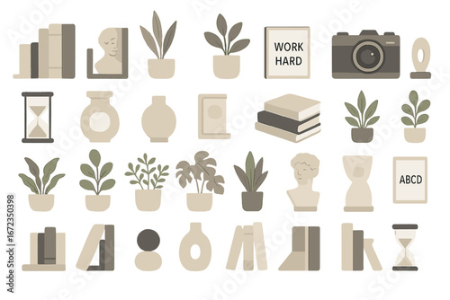 Neutral tone home decor icons set featuring books, potted plants, camera, hourglass, vases, bust sculptures, stacked books, framed quotes, and abstract decor pieces in minimalist style