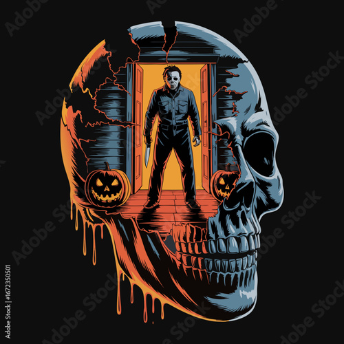 A chilling halloween illustration featuring michael myers emerging from a skull doorway, with pumpkins and dripping elements, evoking a sense of horror and suspense