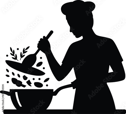 Silhouette of a chef skillfully cooking a delicious meal in a wok with steam and ingredients flying