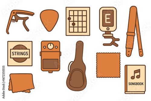 Essential Guitar Accessories Icon Set with Capo, Pick, Tuner, Strings, Strap, Pedal, Chord Chart, Case, Cloth, and Songbook in Warm Brown Palette